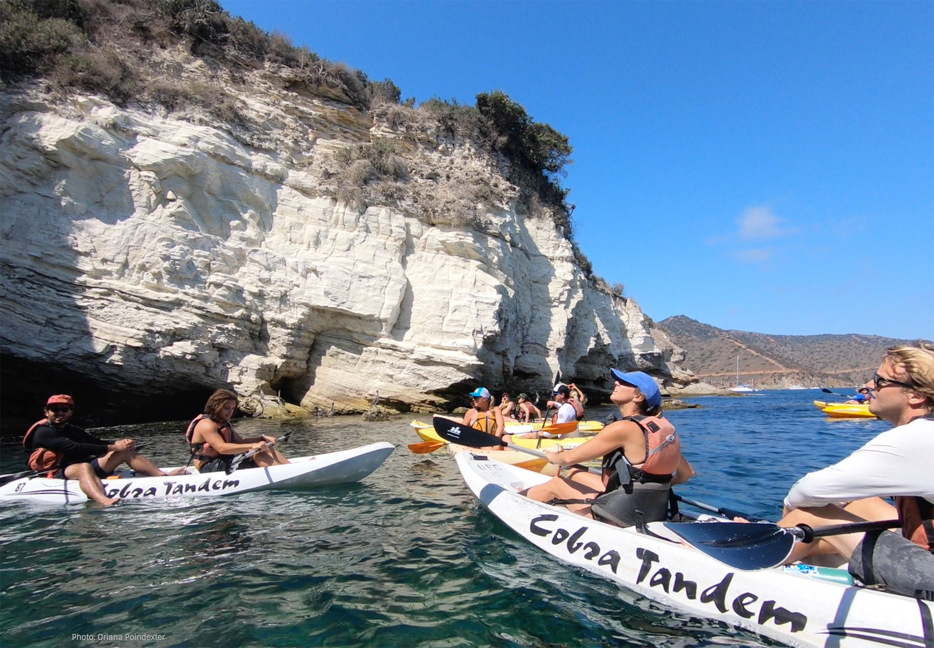 Students paddle kayaks next to Catalina Island cliffs.